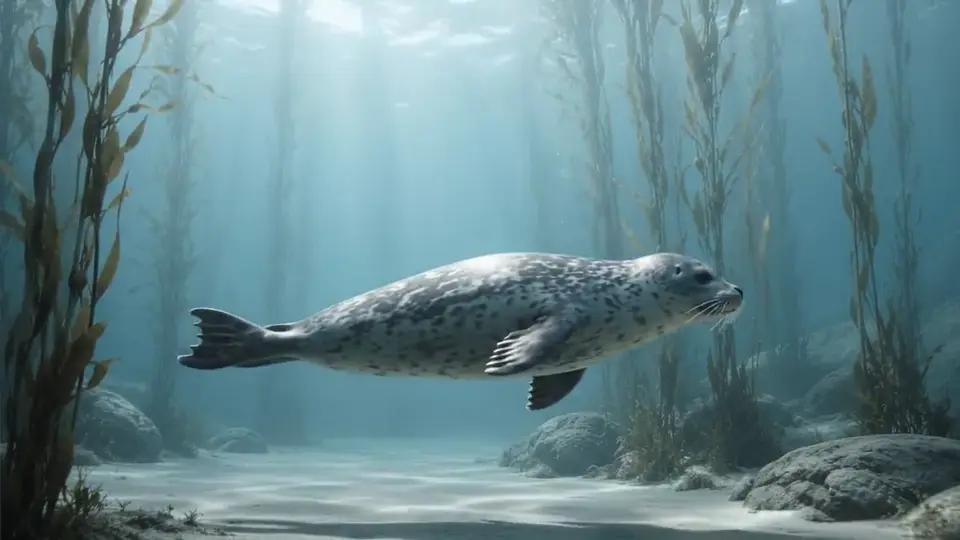 Seal in Kelp Forest — A seal swims calmly through a kelp forest.
