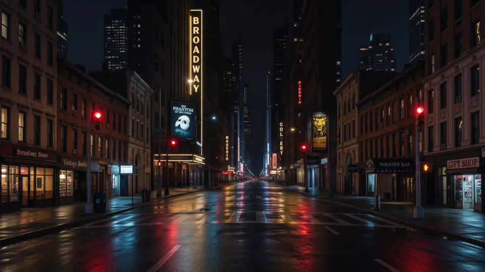 Los semáforos rojos pulsan de noche sobre el Broadway mojado por la lluvia.
