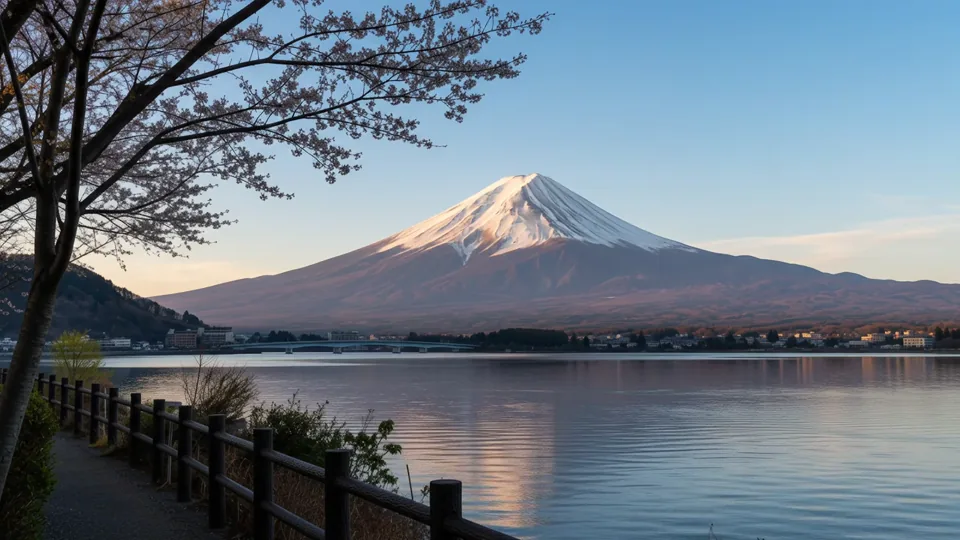 El monte Fuji y los cerezos se reflejan en un tranquilo panorama junto al lago.