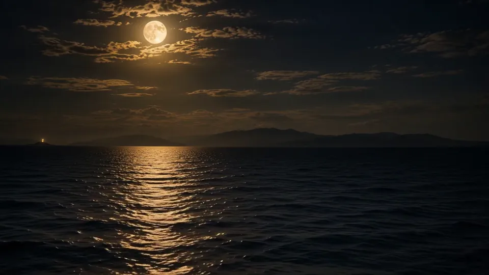 La luna llena traza un camino plateado sobre lentas olas del océano.