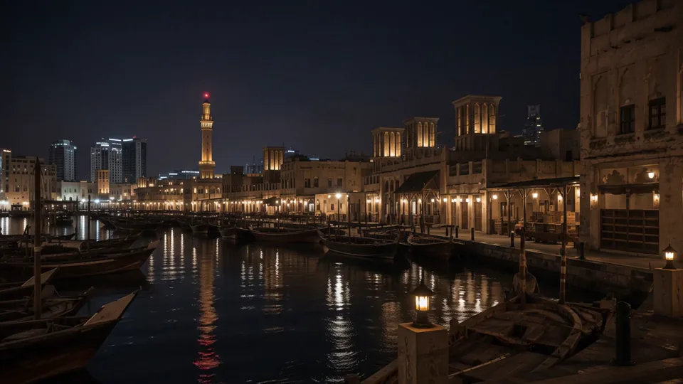 Las cálidas luces del puerto ondulan sobre aguas quietas bajo un cielo oscuro.