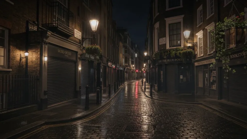 La lluvia reluce en una tranquila calle antigua bajo faroles cálidos.