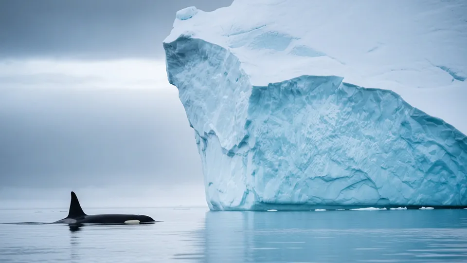 Una orca se desliza por aguas claras junto a un iceberg azul esculpido.