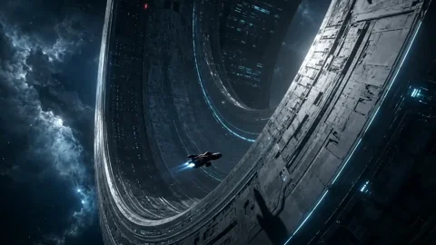 Llegada al anillo. Una nave se desliza hacia una monumental estación orbital.