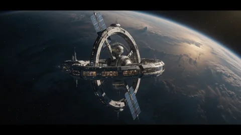 Back in Space 1. Una estación orbital lejana gira tranquilamente sobre un planeta