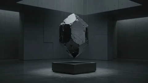 Black-Orbit 1. 浮遊する黒いクリスタルが映画的な照明空間で回転します
