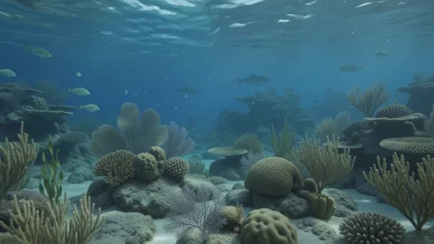 Arrecife azul. Un tranquilo arrecife de coral con peces bajo una luz azul y verde natural.