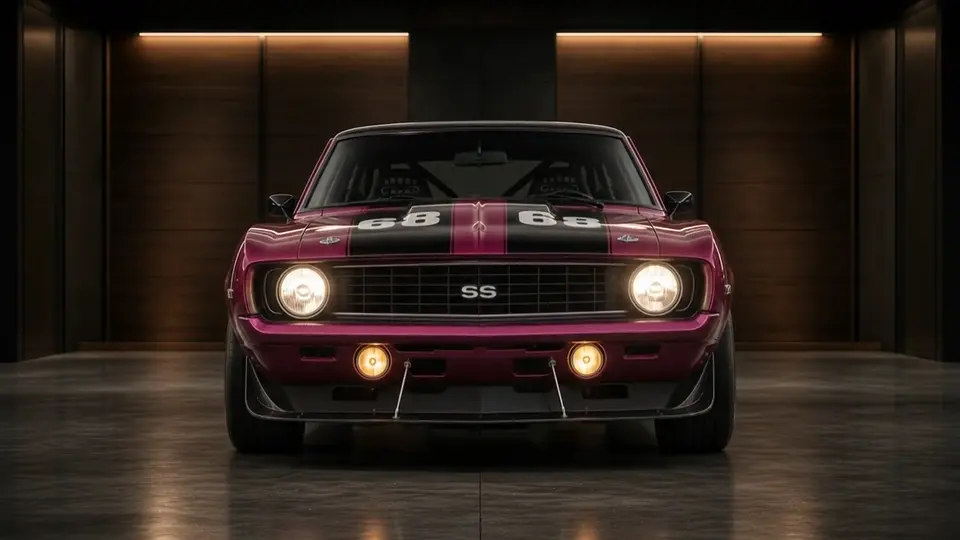 Windowsデスクトップとワークスペースを視覚的に整理するための Magenta Muscle Car アニメーションカー背景