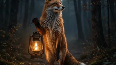 Zorro con farol. Un zorro observa tranquilamente el bosque junto a un cálido farol.