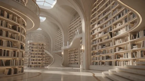 生きている図書館 1. 繊細な動きと静かに漂う本が彩る、瞑想的な図書館です。