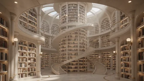 Biblioteca viva 2. Una biblioteca meditativa con movimiento sutil y libros que flotan suavemente.