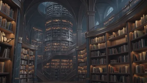Biblioteca viva 3. Una biblioteca meditativa con movimiento sutil y libros que flotan suavemente.