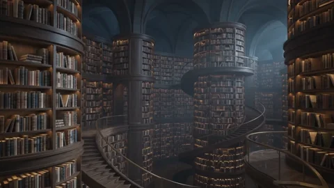 Biblioteca viva 4. Una biblioteca meditativa con movimiento sutil y libros que flotan suavemente.
