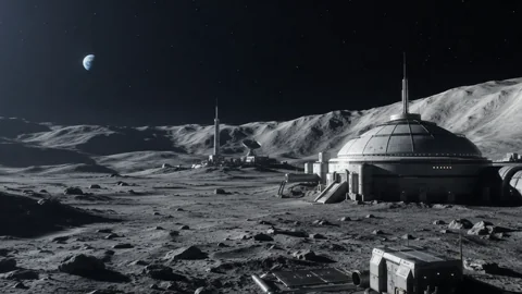 Silencio lunar 1. Una tranquila base lunar con luces sutiles y estrellas que titilan suavemente.