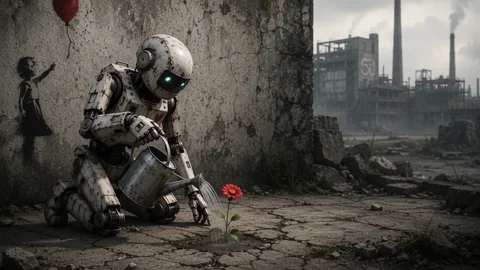 Una señal de esperanza. Un robot riega una flor mientras asciende un globo en forma de corazón.